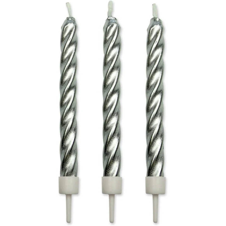 Wilton Twist Candles With Holders 10 Pack - Silver